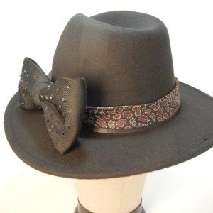Boho Fedora woman's fancy big bow hat, Black fedora with black beaded bow handma